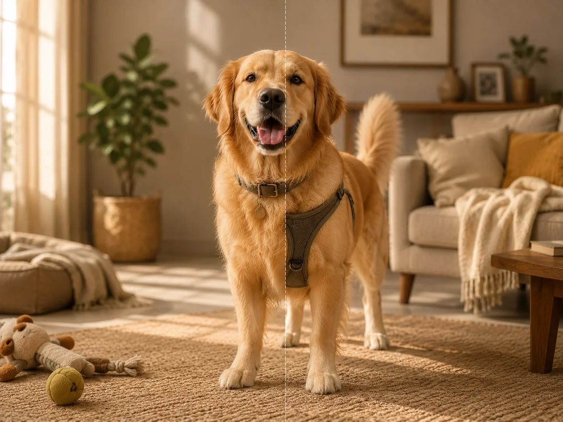 Dog wearing a collar and harness for a comparison of dog collar vs harness