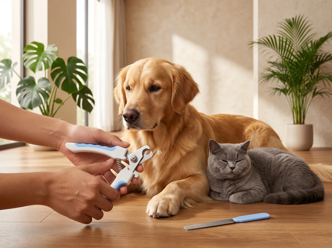 Pet parent trimming a Golden Retriever's nails at home with a pet nail clipper