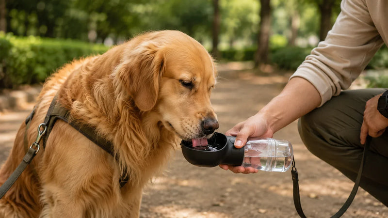 Dog drinking from a portable pet water bottle on a walk