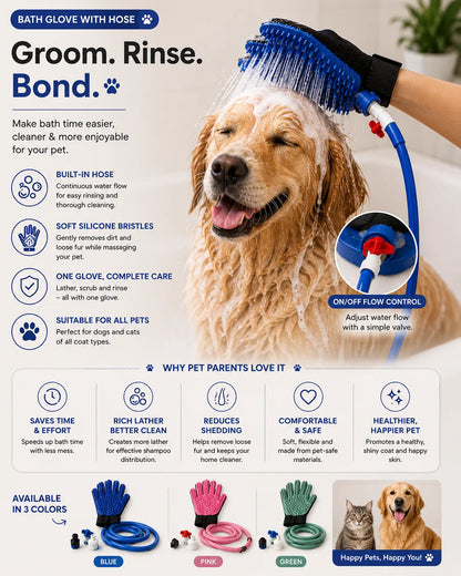 Bath Glove with Hose for Dogs & Cats- Easy Bathing