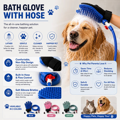 Bath Glove with Hose for Dogs & Cats- Easy Bathing